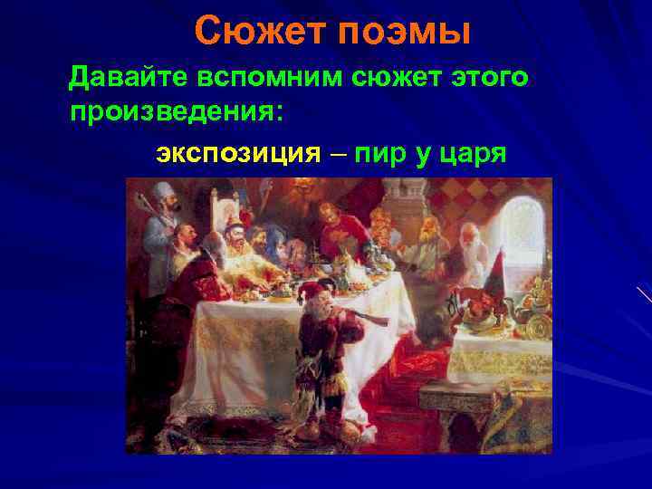 Сюжет поэмы Давайте вспомним сюжет этого произведения: экспозиция – пир у царя 
