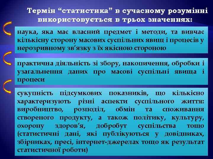 Термін “статистика” в сучасному розумінні використовується в трьох значеннях: наука, яка має власний предмет