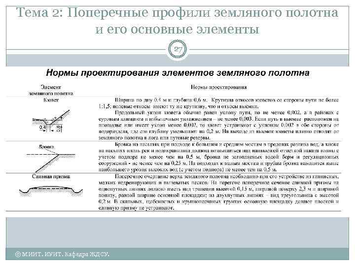 Тема 2: Поперечные профили земляного полотна и его основные элементы 27 © МИИТ. ИУИТ.
