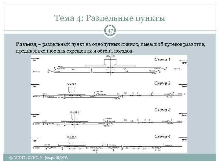 Тема 4: Раздельные пункты 47 Разъезд – раздельный пункт на однопутных линиях, имеющий путевое