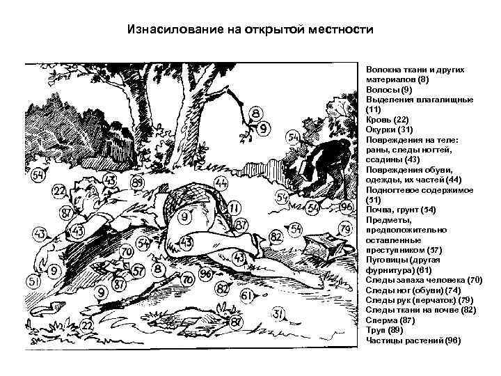 Изнасилование на открытой местности Волокна ткани и других материалов (8) Волосы (9) Выделения влагалищные