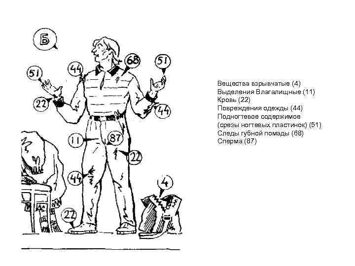Вещества взрывчатые (4) Выделения Влагалищные (11) Кровь (22) Повреждения одежды (44) Подногтевое содержимое (срезы