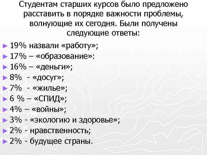 Студентам старших курсов было предложено расставить в порядке важности проблемы, волнующие их сегодня. Были