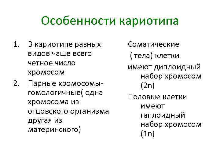 Особенности кариотипа 1. В кариотипе разных видов чаще всего четное число хромосом 2. Парные