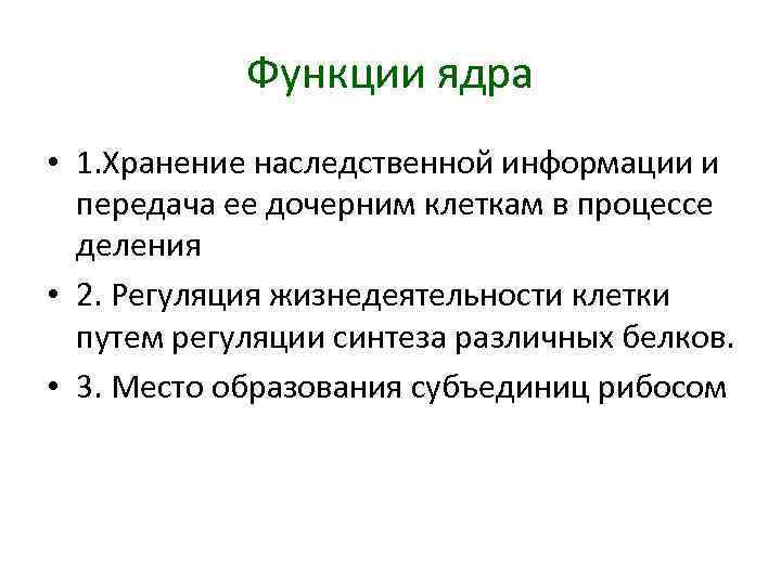 Функции ядра • 1. Хранение наследственной информации и передача ее дочерним клеткам в процессе