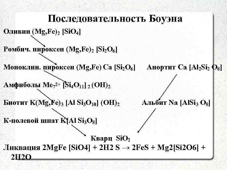 Последовательность Боуэна Оливин (Mg, Fe)2 [Si. O 4] Ромбич. пироксен (Mg, Fe)2 [Si 2