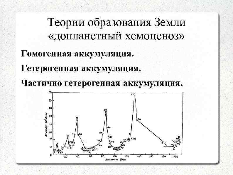 Теории образования Земли «допланетный хемоценоз» Гомогенная аккумуляция. Гетерогенная аккумуляция. Частично гетерогенная аккумуляция. 