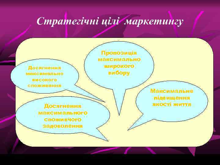 Стратегічні цілі маркетингу Досягнення максимально високого споживання Досягнення максимального споживчого задоволення Пропозиція максимально широкого