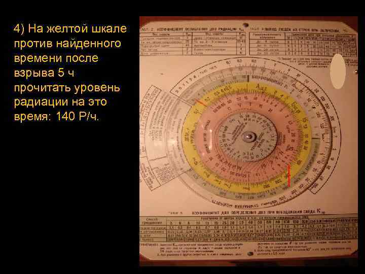 4) На желтой шкале против найденного времени после взрыва 5 ч прочитать уровень радиации