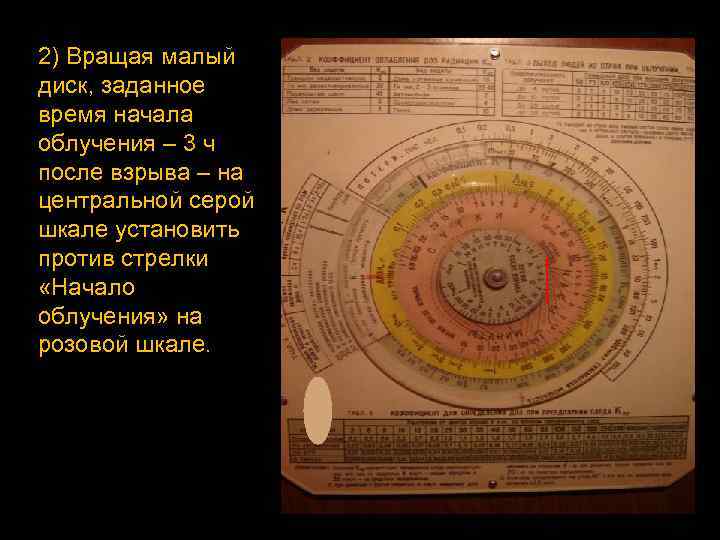 2) Вращая малый диск, заданное время начала облучения – 3 ч после взрыва –