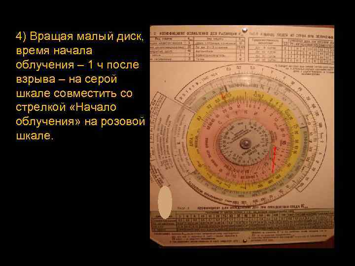 4) Вращая малый диск, время начала облучения – 1 ч после взрыва – на