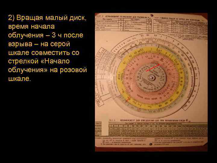 2) Вращая малый диск, время начала облучения – 3 ч после взрыва – на
