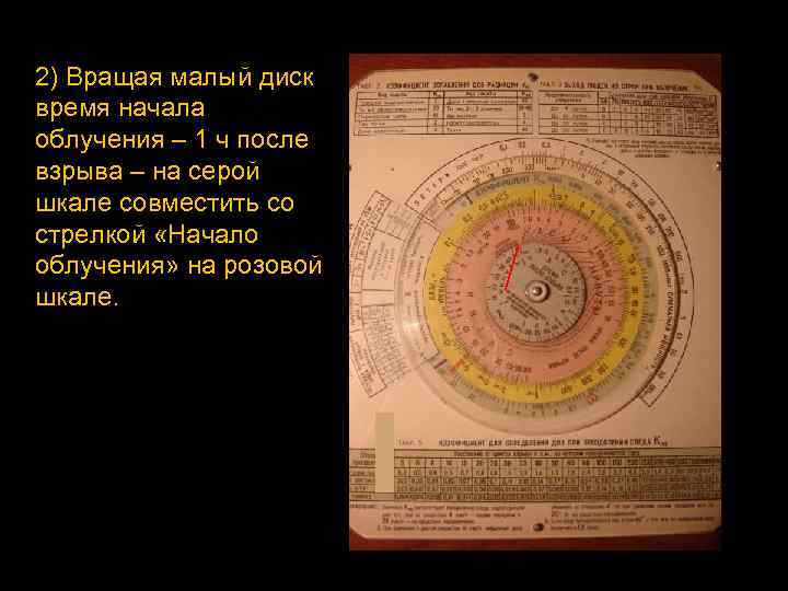 2) Вращая малый диск время начала облучения – 1 ч после взрыва – на