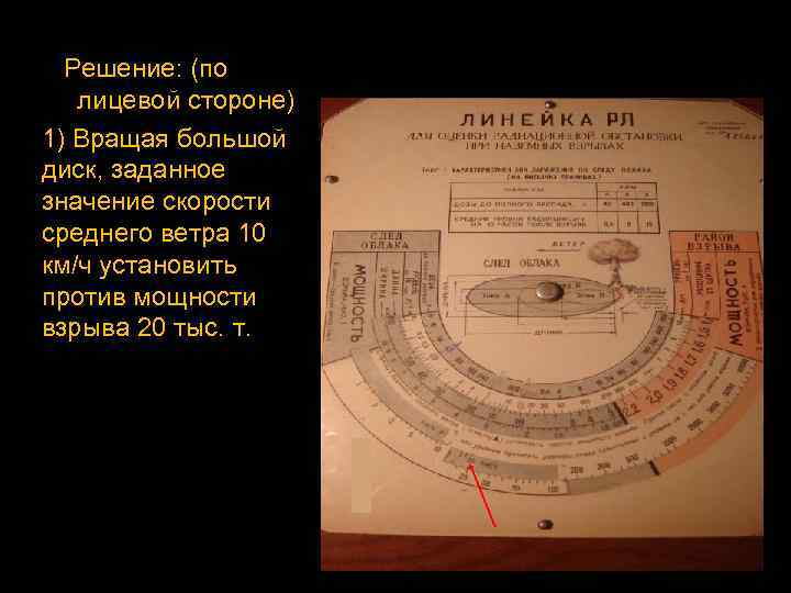 Решение: (по лицевой стороне) 1) Вращая большой диск, заданное значение скорости среднего ветра 10