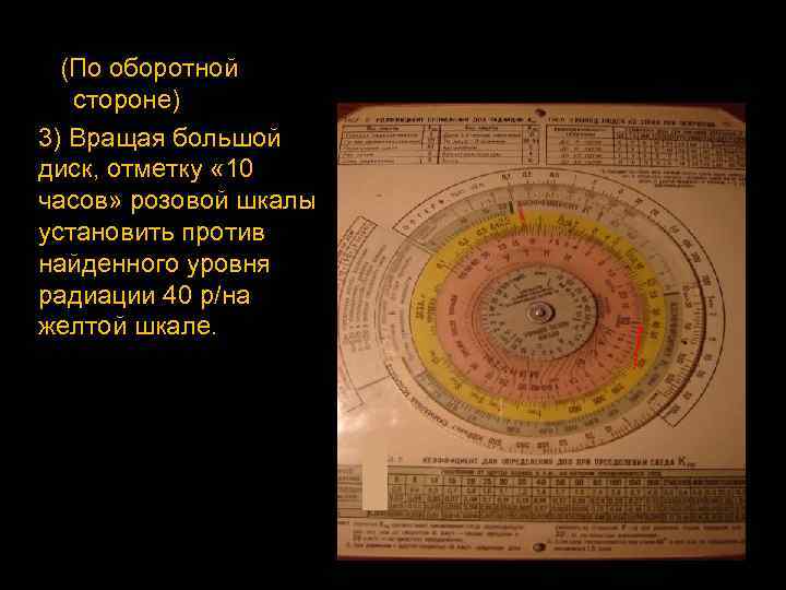 (По оборотной стороне) 3) Вращая большой диск, отметку « 10 часов» розовой шкалы установить
