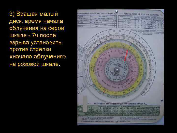 3) Вращая малый диск, время начала облучения на серой шкале - 7 ч после