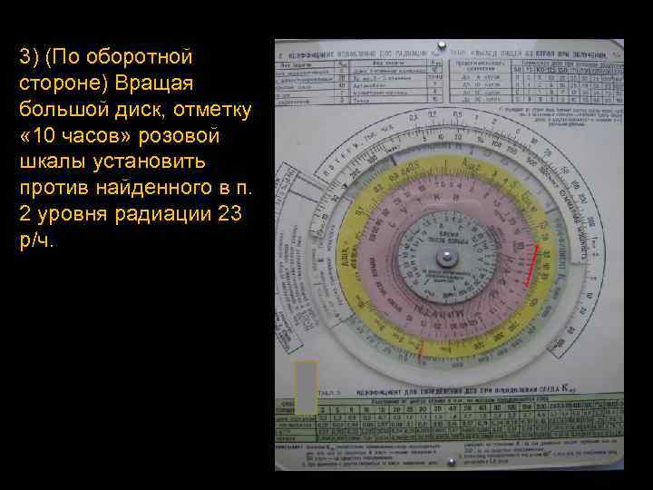 3) (По оборотной стороне) Вращая большой диск, отметку « 10 часов» розовой шкалы установить