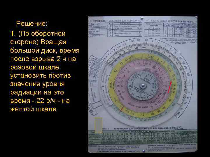 Решение: 1. (По оборотной стороне) Вращая большой диск, время после взрыва 2 ч на