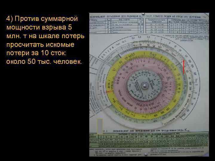4) Против суммарной мощности взрыва 5 млн. т на шкале потерь просчитать искомые потери