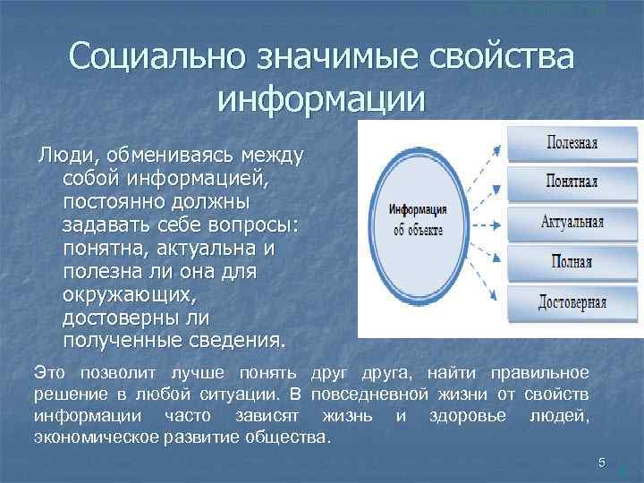 Социально значимые свойства информации Люди, обмениваясь между собой информацией, постоянно должны задавать себе вопросы:
