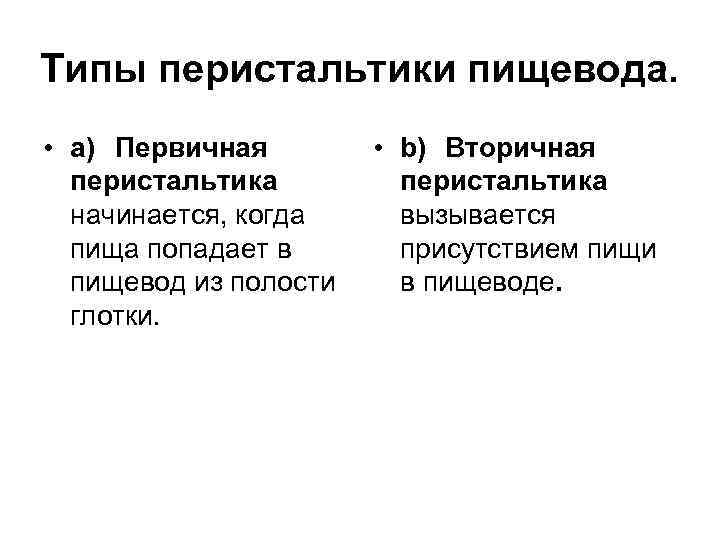 Типы перистальтики пищевода. • a) Первичная перистальтика начинается, когда пища попадает в пищевод из