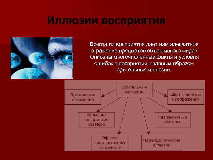 Иллюзии восприятия Всегда ли восприятие дает нам адекватное отражение предметов объективного мира? Описаны многочисленные