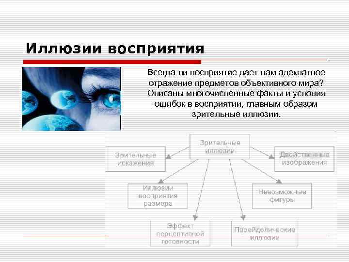 Иллюзии восприятия Всегда ли восприятие дает нам адекватное отражение предметов объективного мира? Описаны многочисленные