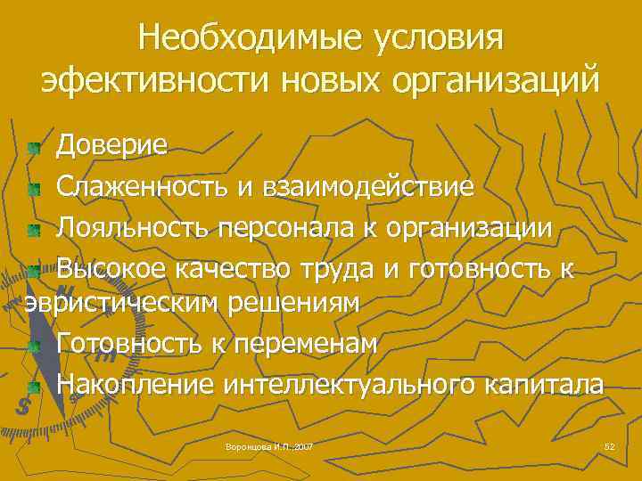 Необходимые условия эфективности новых организаций Доверие Слаженность и взаимодействие Лояльность персонала к организации Высокое