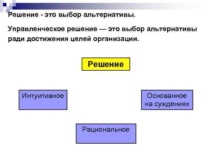 Решение - это выбор альтернативы. Управленческое решение — это выбор альтернативы ради достижения целей