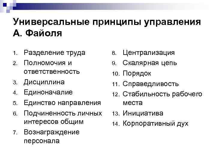 Универсальные принципы управления А. Файоля 1. 2. 3. 4. 5. 6. 7. Разделение труда