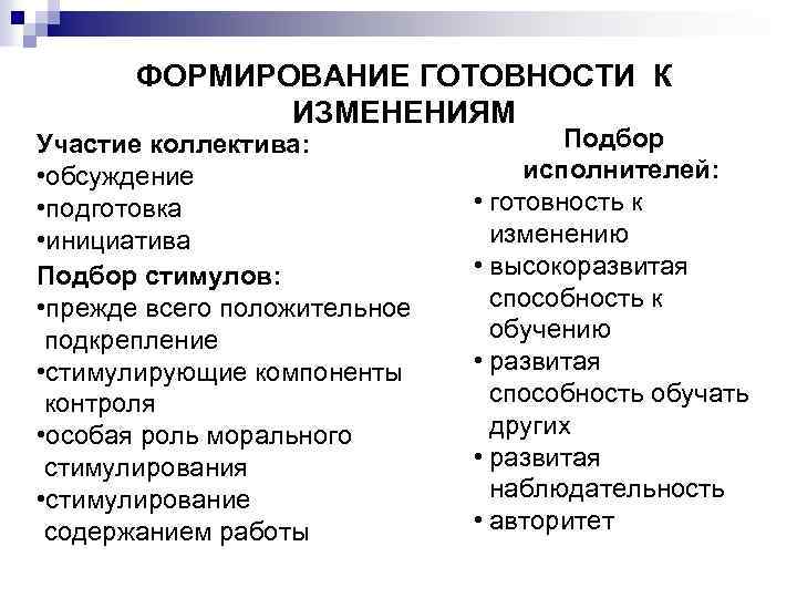 ФОРМИРОВАНИЕ ГОТОВНОСТИ К ИЗМЕНЕНИЯМ Участие коллектива: • обсуждение • подготовка • инициатива Подбор стимулов: