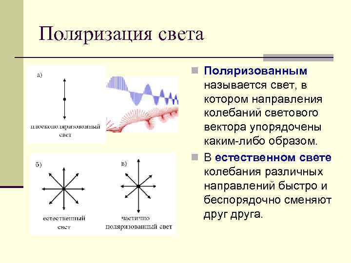 Поляризация света n Поляризованным называется свет, в котором направления колебаний светового вектора упорядочены каким-либо