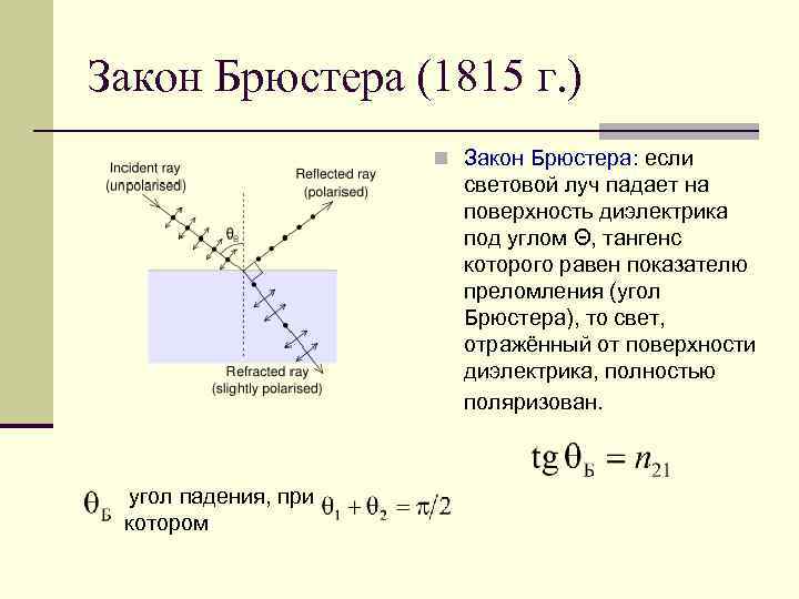 Закон Брюстера (1815 г. ) n Закон Брюстера: если световой луч падает на поверхность
