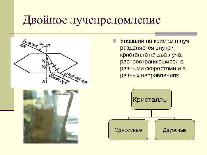 Двойное лучепреломление n Упавший на кристалл луч разделяется внутри кристалла на два луча, распространяющиеся