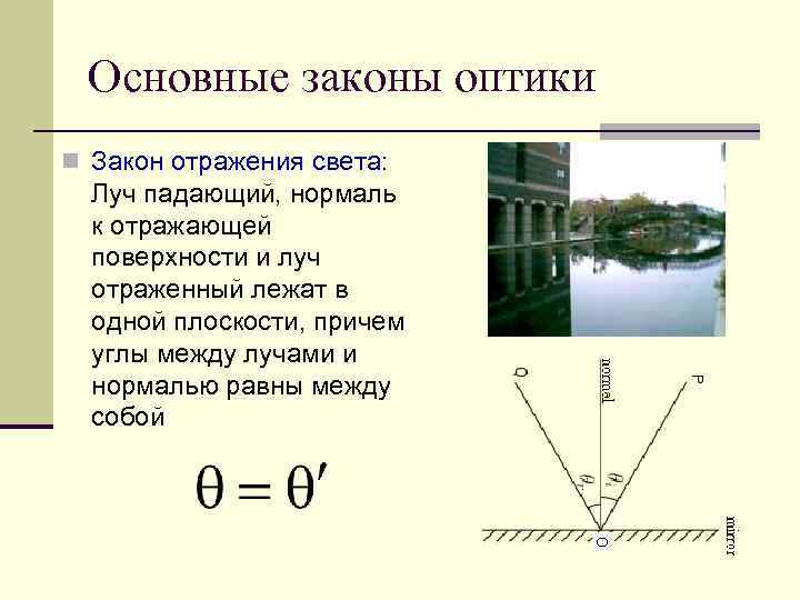Основные законы оптики n Закон отражения света: Луч падающий, нормаль к отражающей поверхности и