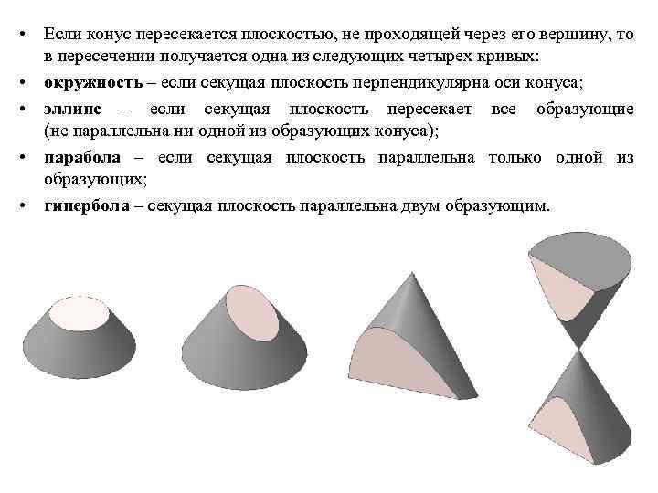  • Если конус пересекается плоскостью, не проходящей через его вершину, то в пересечении