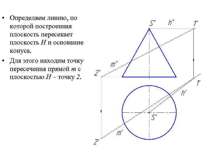  • Определяем линию, по которой построенная плоскость пересекает плоскость H и основание конуса.