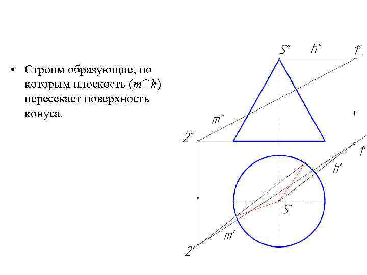  • Строим образующие, по которым плоскость (m∩h) пересекает поверхность конуса. 