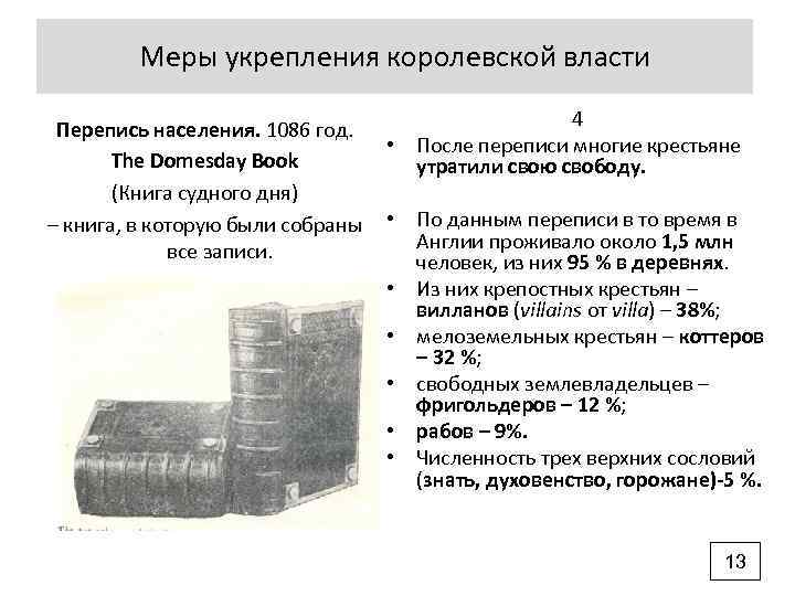 Mеры укрепления королевской власти Перепись населения. 1086 год. The Domesday Book (Книга судного дня)