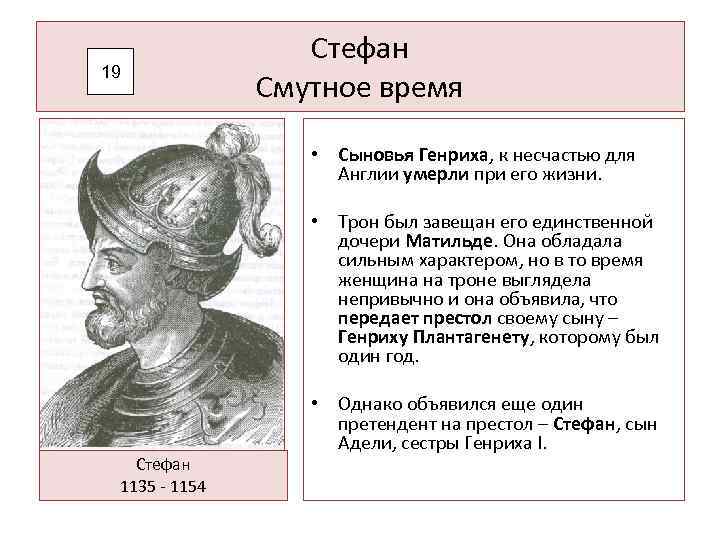 19 Стефан Смутное время • Сыновья Генриха, к несчастью для Англии умерли при его