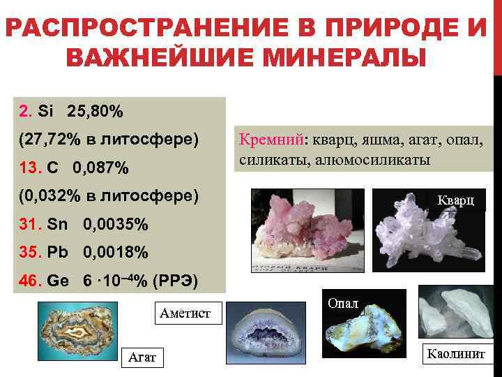 РАСПРОСТРАНЕНИЕ В ПРИРОДЕ И ВАЖНЕЙШИЕ МИНЕРАЛЫ 2. Si 25, 80% (27, 72% в литосфере)