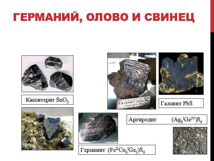ГЕРМАНИЙ, ОЛОВО И СВИНЕЦ Касситерит Sn. O 2 Галенит Pb. S Аргиродит Германит (Fe.