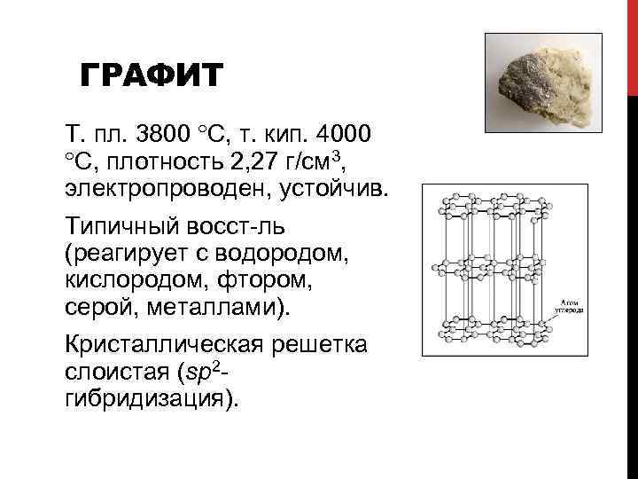 ГРАФИТ Т. пл. 3800 С, т. кип. 4000 С, плотность 2, 27 г/см 3,