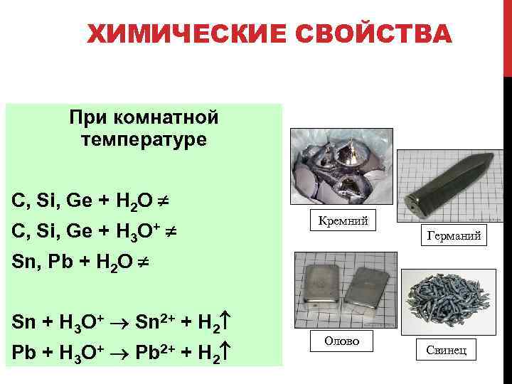 ХИМИЧЕСКИЕ СВОЙСТВА При комнатной температуре С, Si, Ge + H 2 O С, Si,
