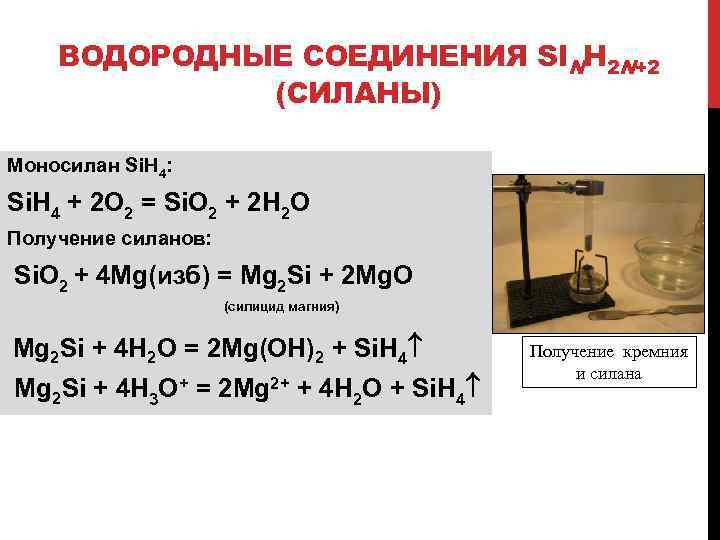 Формула водородного соединения кремния азота серы. Кремний Силан формула. Водородное соединение кремния. Силан химические свойства. Получение силана.