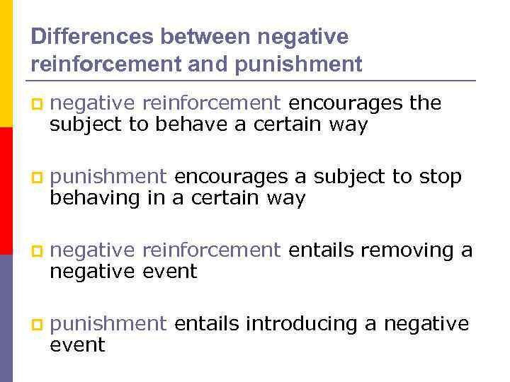 Differences between negative reinforcement and punishment p negative reinforcement encourages the subject to behave