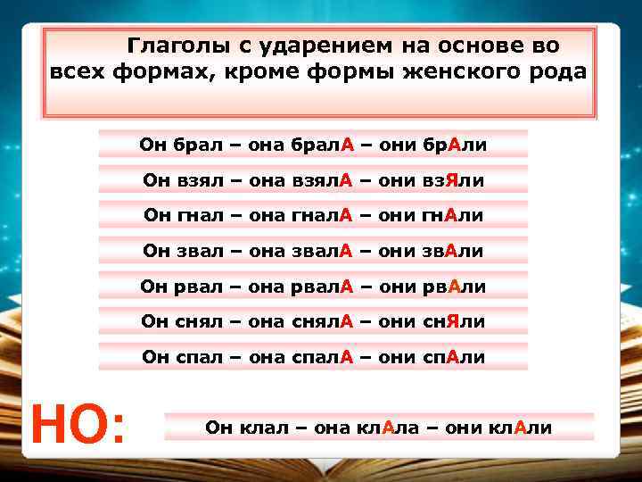 Глаголы с ударением на основе во всех формах, кроме формы женского рода Он брал