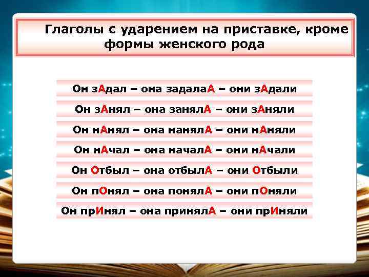 Глаголы с ударением на приставке, кроме формы женского рода Он з. Адал – она