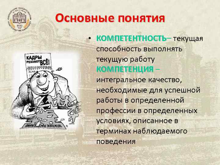 Основные понятия • КОМПЕТЕНТНОСТЬ– текущая способность выполнять текущую работу КОМПЕТЕНЦИЯ – КОМПЕТЕНЦИЯ интегральное качество,