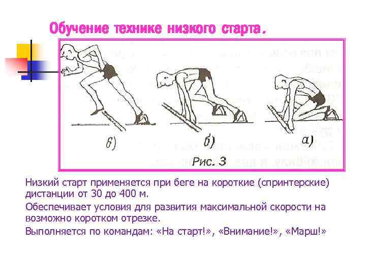 Обучение технике низкого старта. Низкий старт применяется при беге на короткие (спринтерские) дистанции от